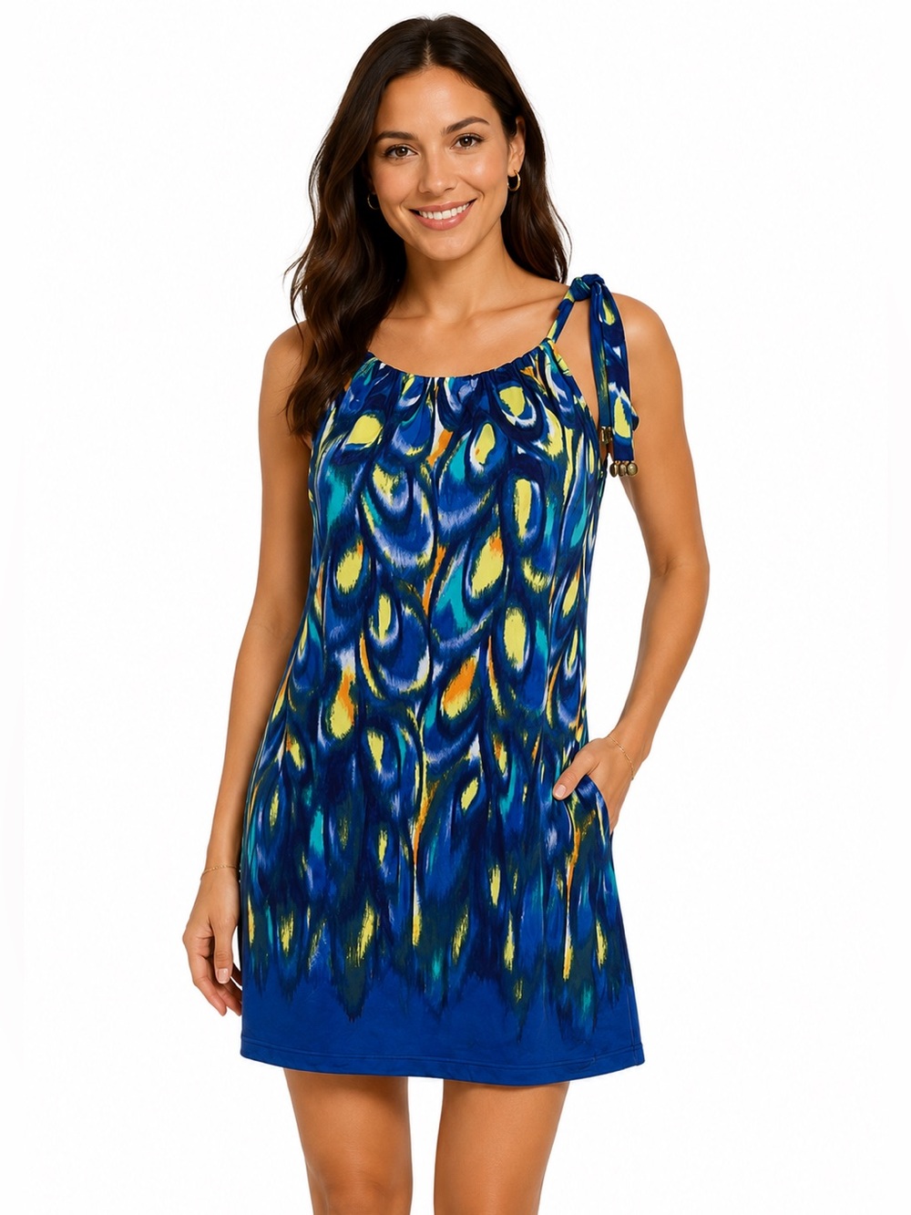 ALFANI Tank Sundress Peacock Print Blue Yellow Turquoise PS SP EUC $70
